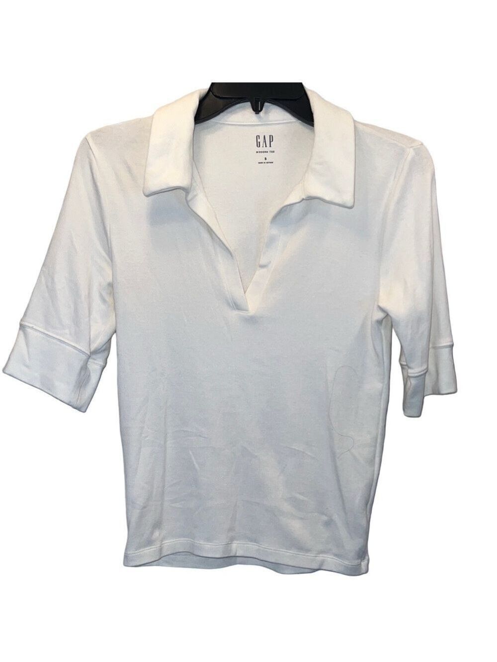 GAP Women's White Short-Sleeve Polo V-Neck Top, SZ S,  (0023)